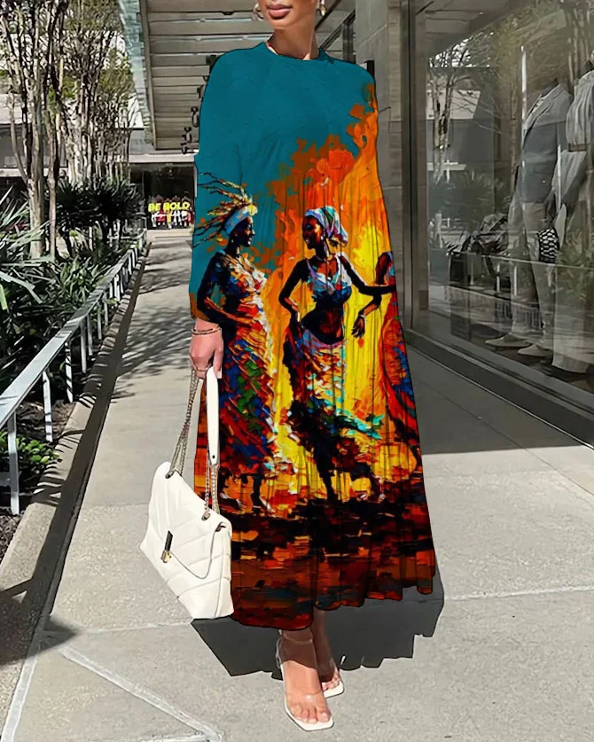 African Woman Dancing Oil Painting Long Sleeve Casual Dress
