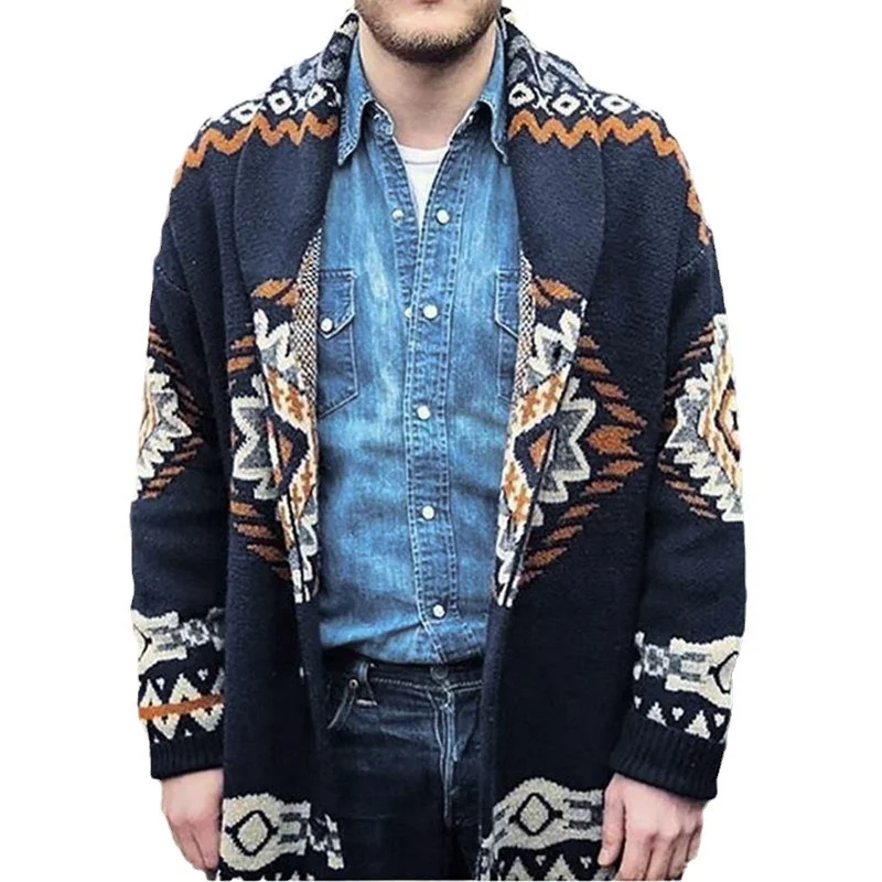 Uveng Uveng Men's Vintage Heavy Industry Knit Jacket Geometrical Long Sleeve R-Shirt Sweater SY0067