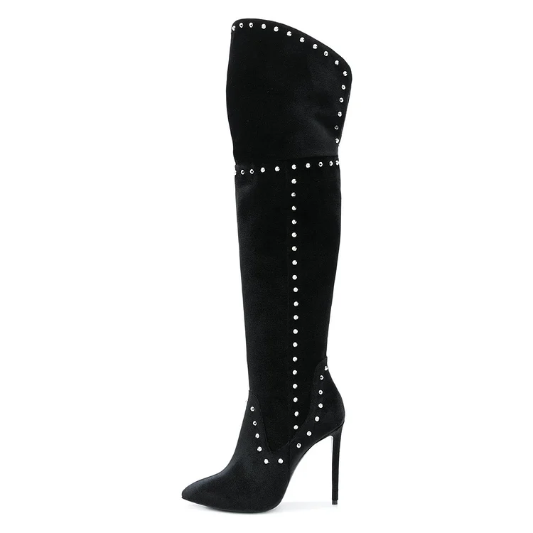 Thigh High Black Stiletto Heel Boots with Rhinestones Vdcoo