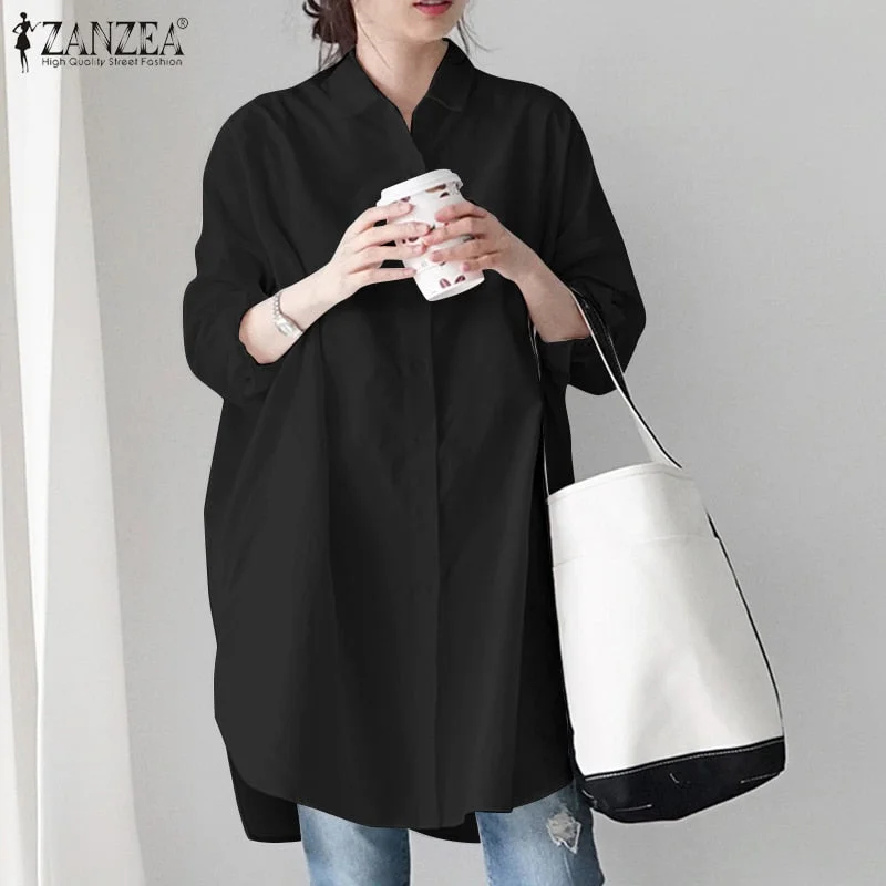Spring Elegant Long Flare Sleeve Blouse ZANZEA Stylish Women Buttons Down Long Shirt Loose Tunic Tops Casual Solid Blusas 7