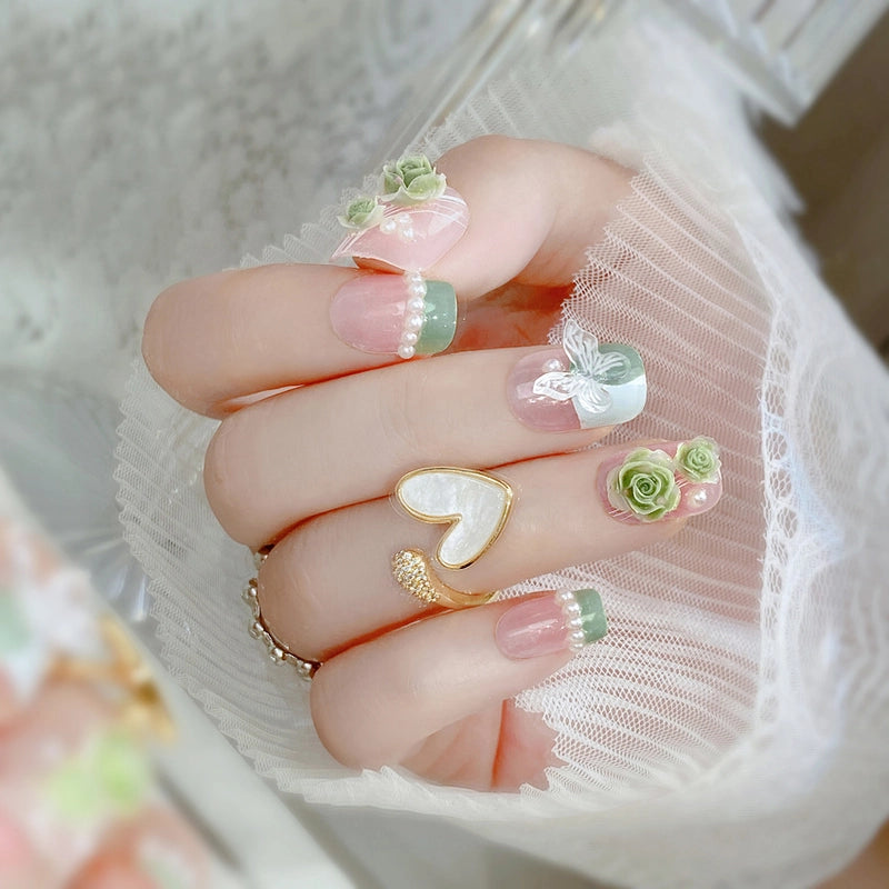 Cute Sweet Color Block Flower ABS Press-on Nails 1 Set