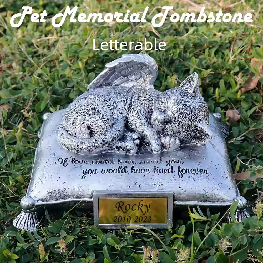 Honor the memory of your beloved feline friend with our Custom Angel Cat Memorial Statue. This touching sculpture captures a peaceful cat sleeping on a pillow, with delicate angel wings gracefully resting behind&mdash;a beautiful symbol of eternal peace and heavenly comfort . Crafted from high-quality, weather-resistant resin, this memorial is designed for both indoor display and outdoor garden placement . Fully personalizable with laser engraving, you can include your cat's name, dates, and a heartfelt message on the base. Whether placed in a memorial garden, by a favorite sunny spot, or alongside a cremation urn, this sleeping angel cat figurine offers a comforting tribute to the companion who brought so much joy to your life .