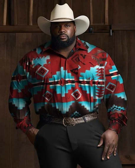 Men's  Plus Size  Native Pattern Fleece Western Shirt in Rust & Turquoise Long Sleeve Trousers Two-Piece Set