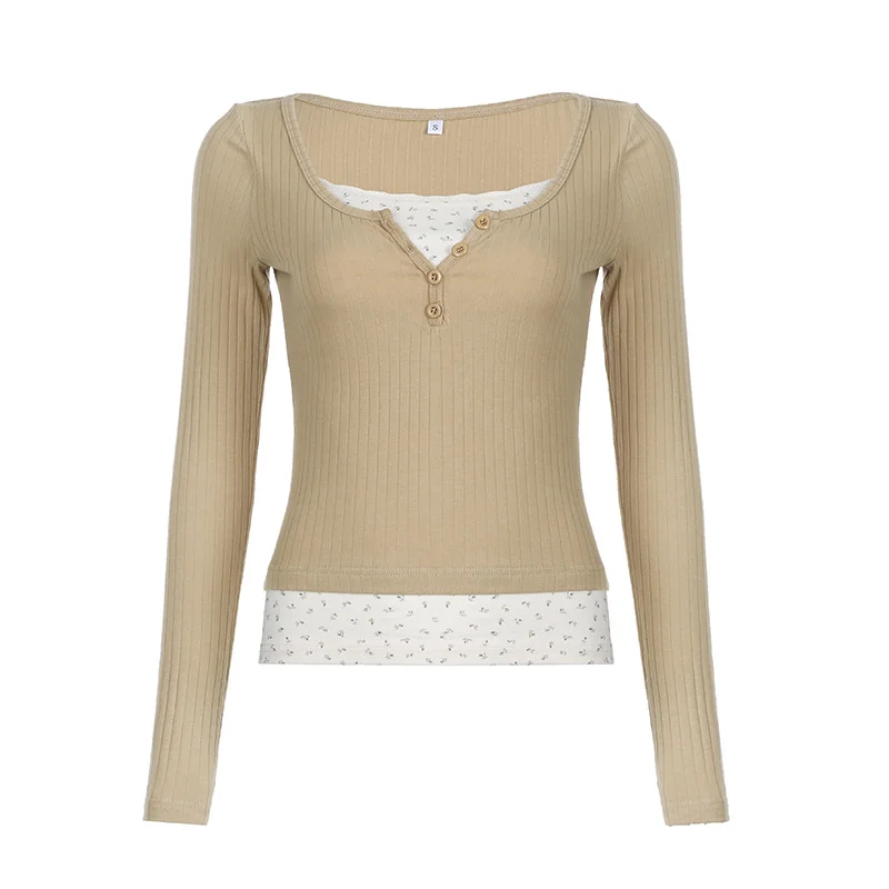 Ueong Two Pieces Of Broken Flower Spliced And Bottomed Long-Sleeved Knitted Blouse A Slim And Slim Round-Necked T-Shirt In The Spring And Summer Of 2024
