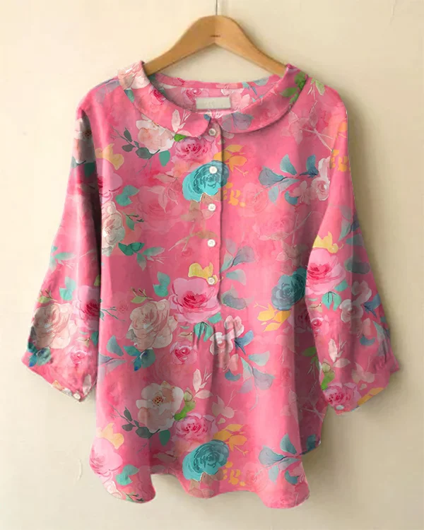 Vintage Long Sleeve Peter Pan Collar Floral Print Shirt