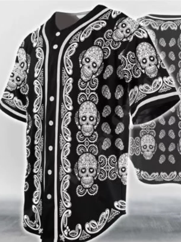 Gothic Dark Street Skull Print Bottons Crew Neck Short Sleeve Top