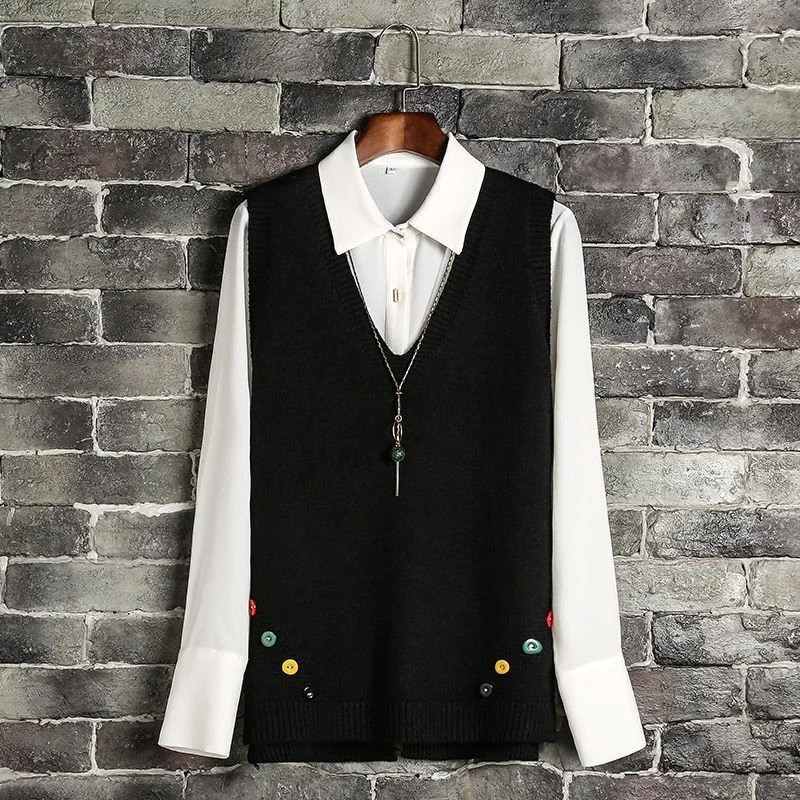 Sweater Vest Women Button Plus Size 3XL Side-slit Leisure Knitted Students All-match Knitted New Sweaters Korean Style Ulzzang