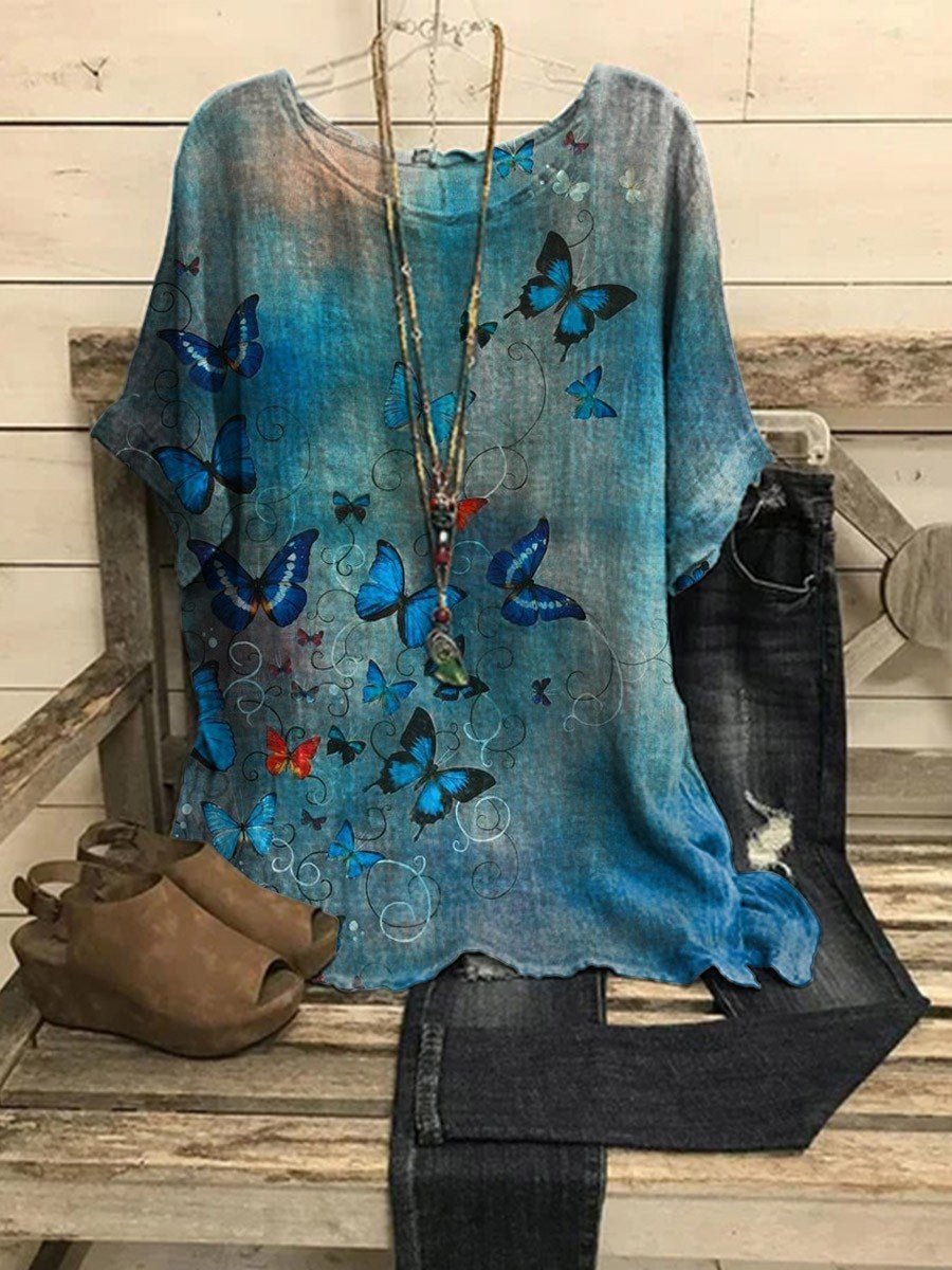 Vintage Butterflies Floral Printed Women's Casual Top