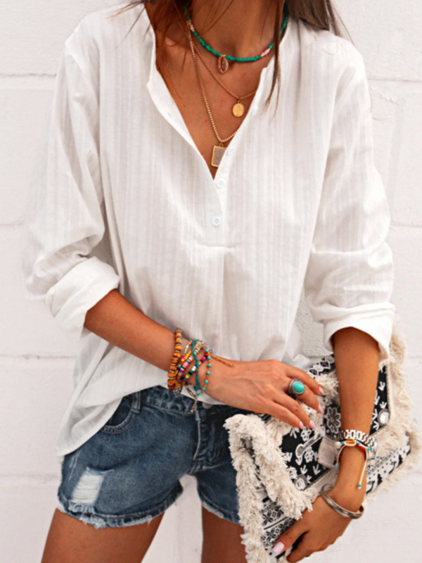 Women's Cotton Linen Shirt V-Neck Solid Color Long Sleeve Ladies Linen Blouse Top