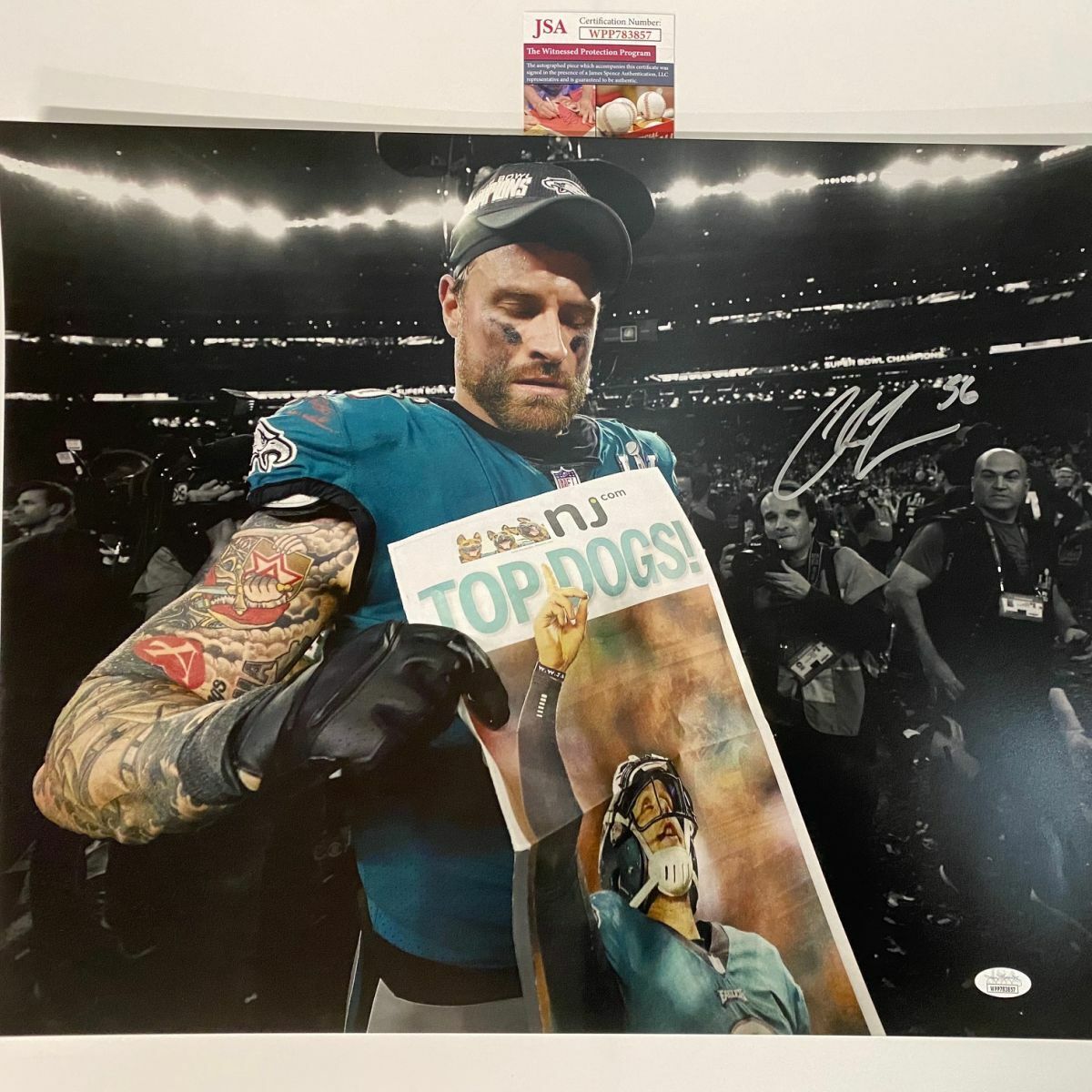 Autographed/Signed CHRIS LONG Philadelphia Eagles Super Bowl 16x20 Photo Poster painting JSA COA