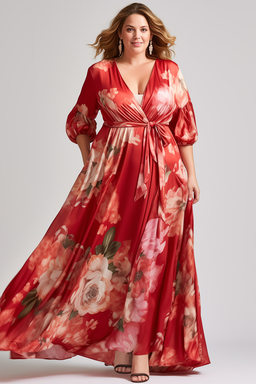 Flycurvy Plus Size Mother Of The Bride Red Chiffon Floral Print Wrap Lantern Sleeve See-Through Maxi Dress