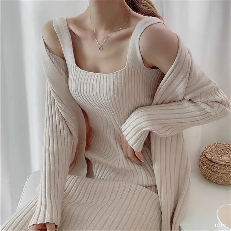 Loose And Versatile Knitted Cardigan Sweater Dress Two-Piece Set