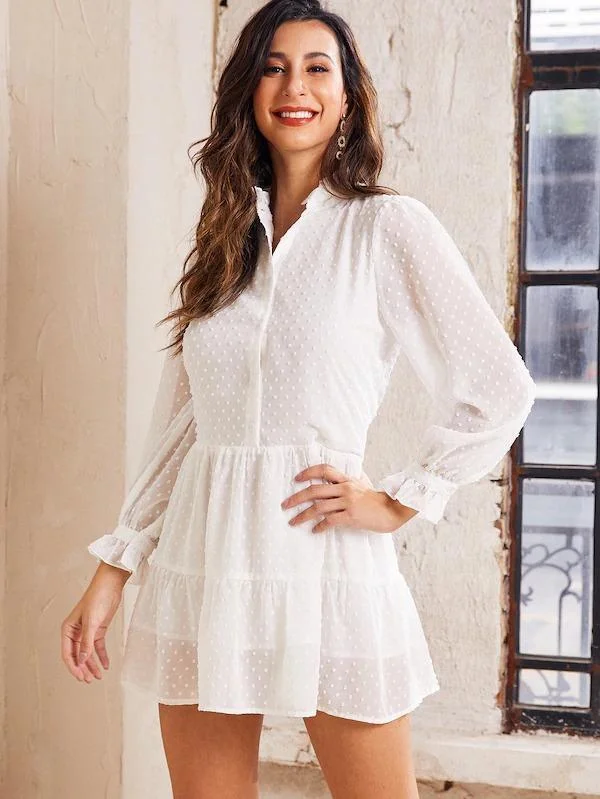 SBetro Swiss Dot Flounce Hem Button Front Dress