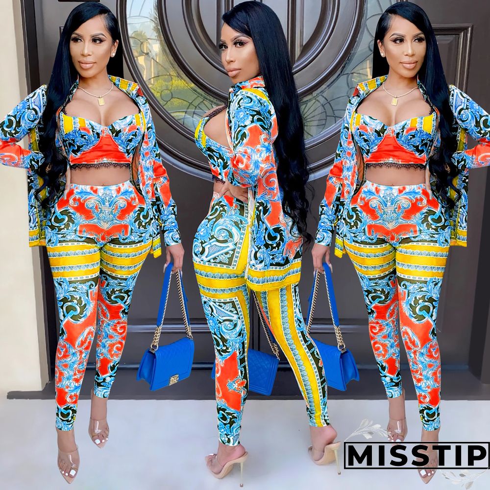 Women Printed Tank Top+Jacket Skinny Pants 3 Pieces