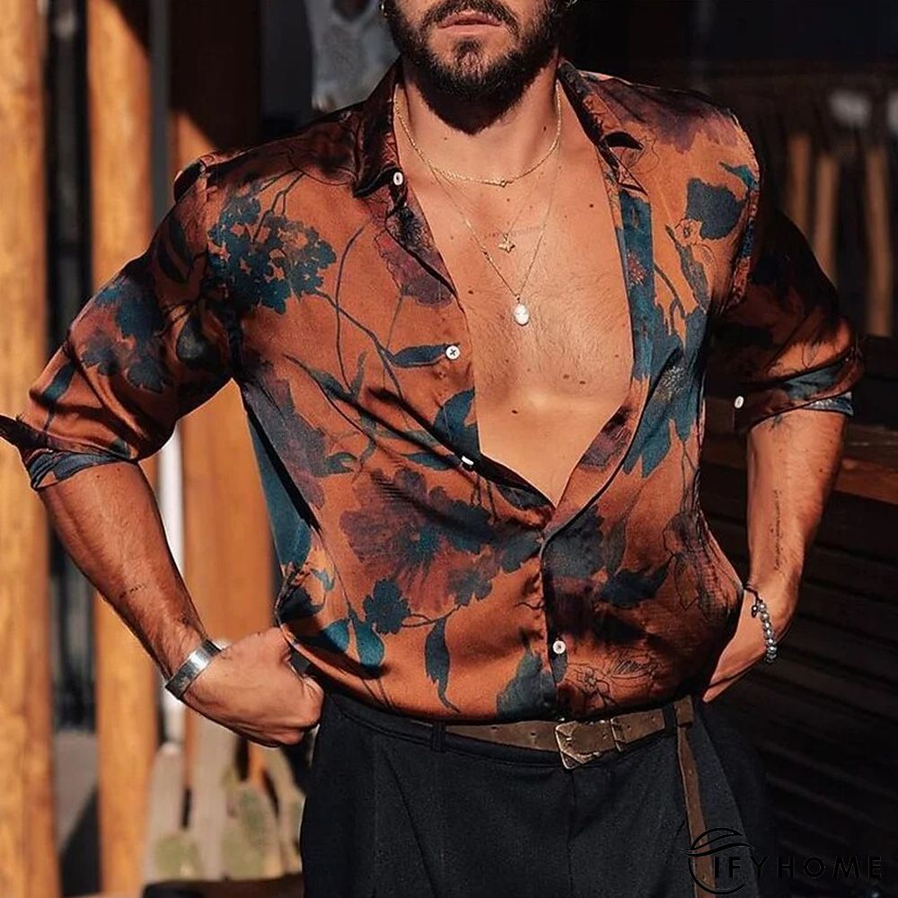 Mens Shirt Graphic Prints Leaves Turndown Brown Outdoor Street Long Sleeve Button-Down | IFYHOME