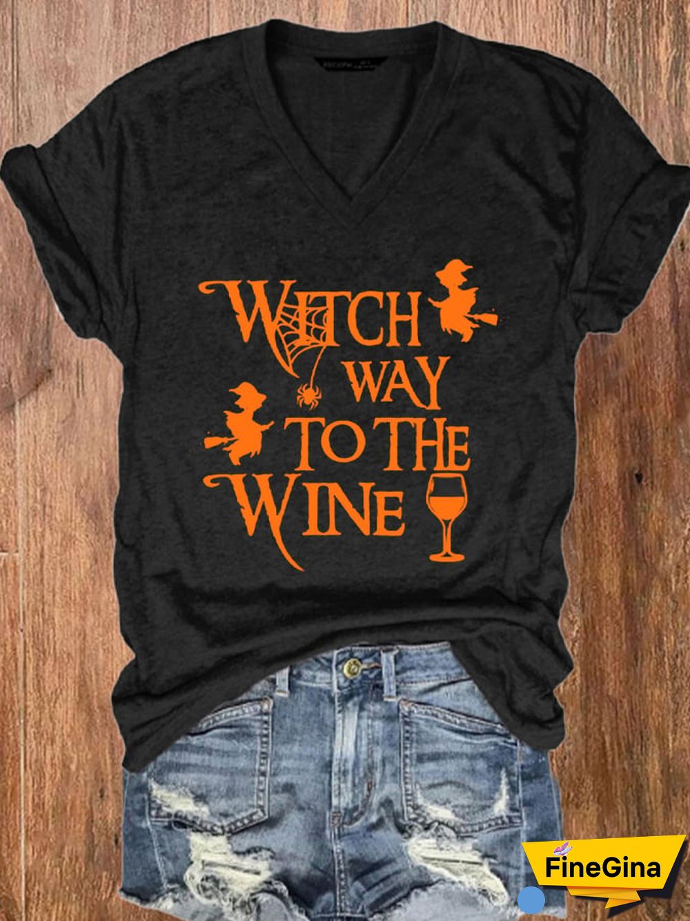 Women's Halloween Witch Way To The Wine Print V-Neck T-Shirt