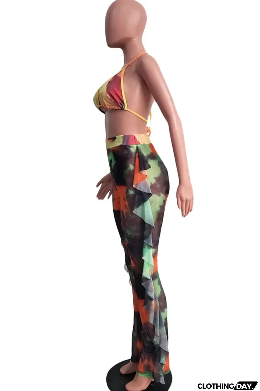 Yellow Polyester Sexy Fashion Stringy selvedge Print Tie Dye Patchwork Loose Sleeveless