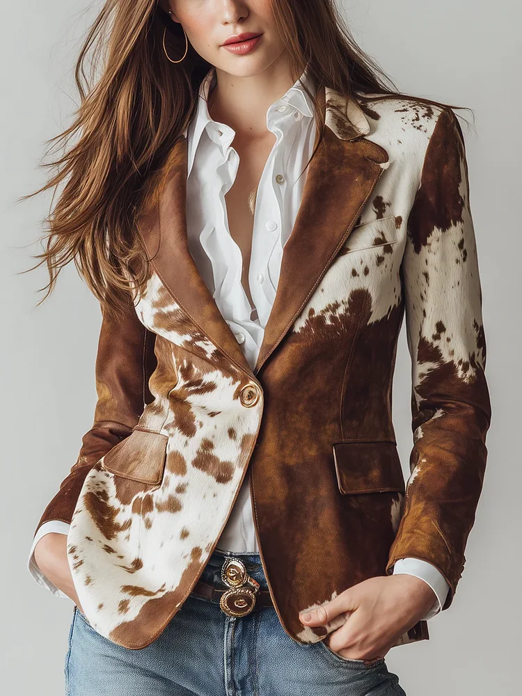Retro Brown Cow Print Suit Jacket