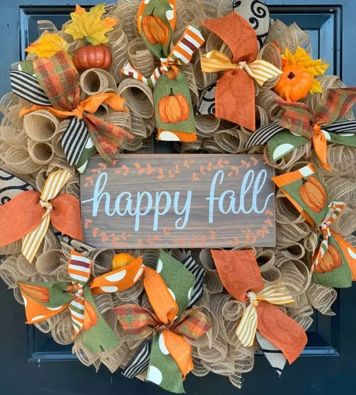 Welcome Fall Pumpkins Ribbon Burlap Wreath Front Door Fall Wreaths | AvasHome