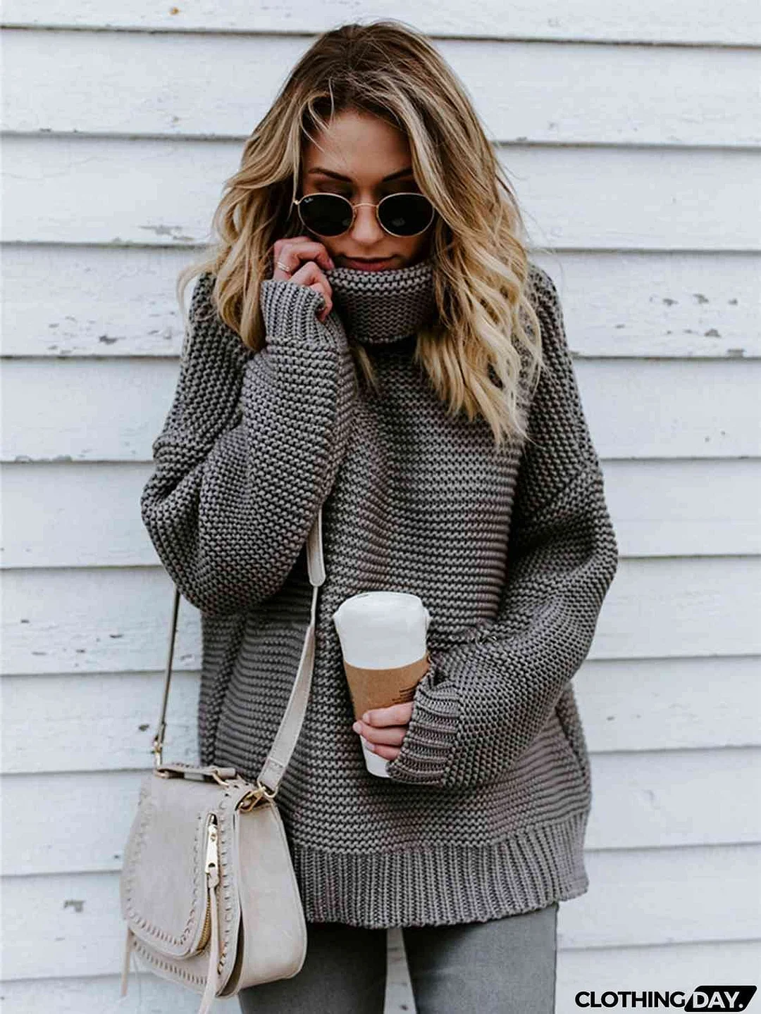 Turtleneck Dropped Shoulder Slit Sweater