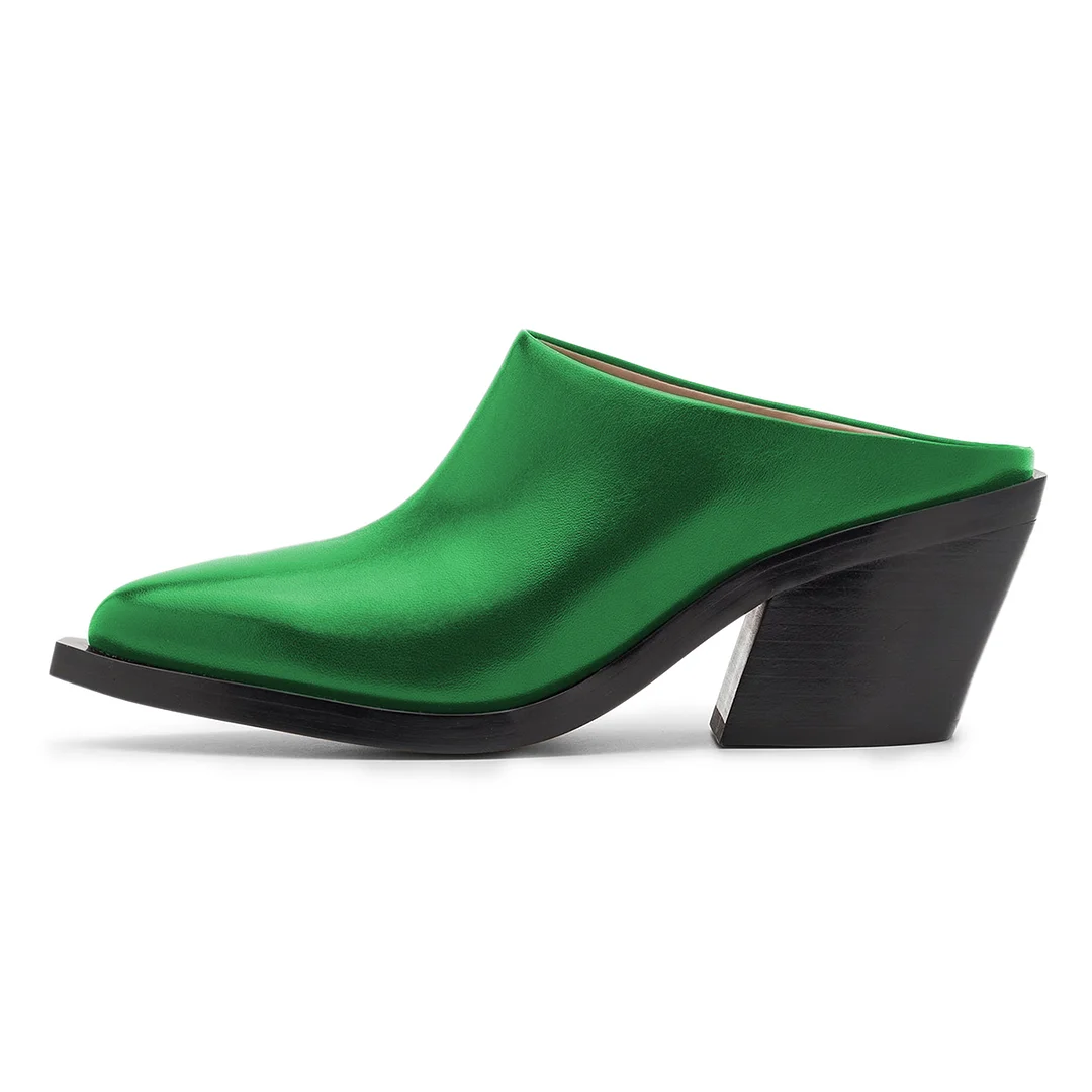 Green Vegan Leather Snip Toe Fashion Heeled Mules for Women