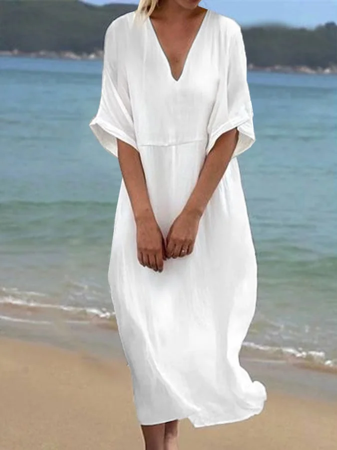 Women's Solid Color V Neck Cotton Linen Dress