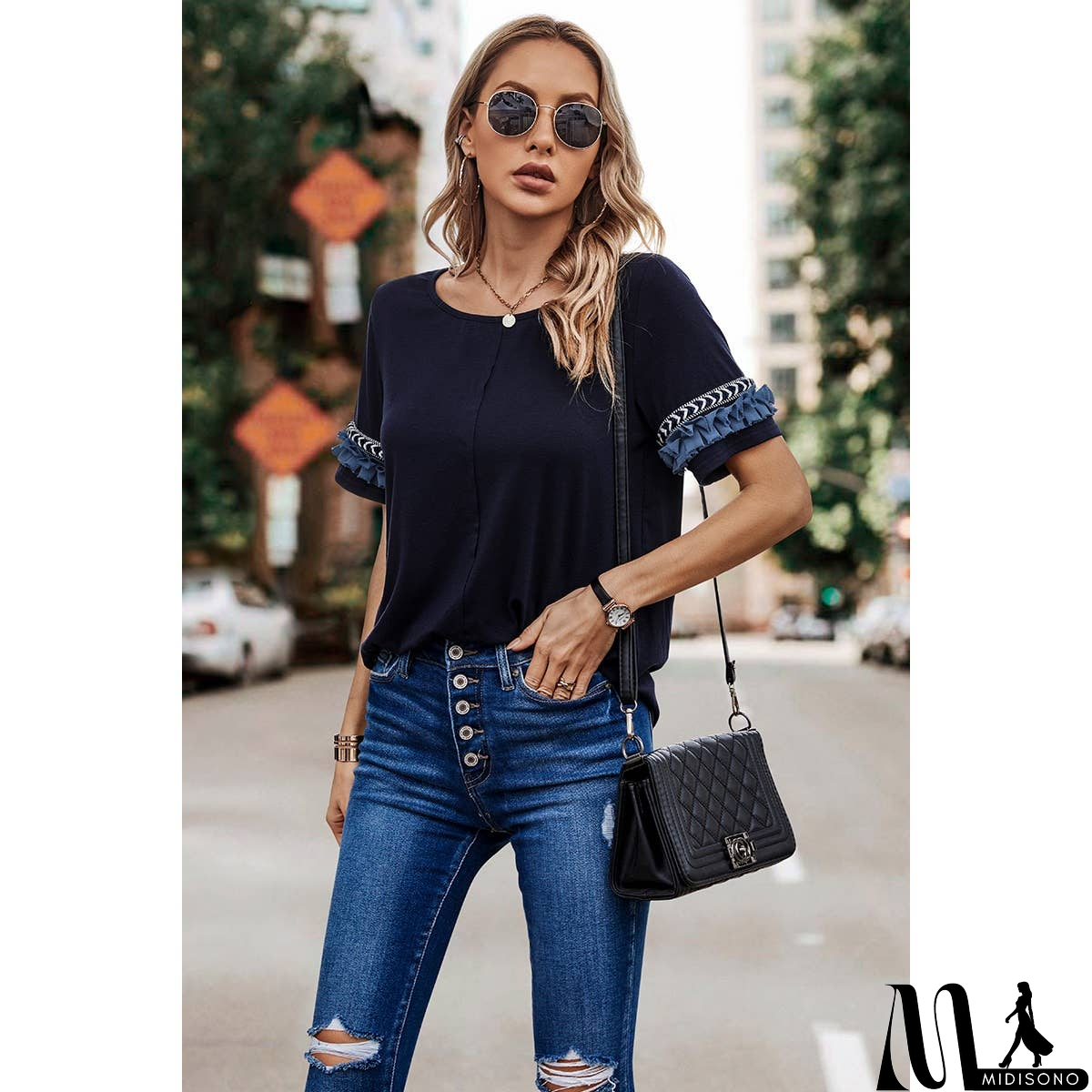 MidiSono - Solid Round Neck Loose Fit Frill Trim Tee