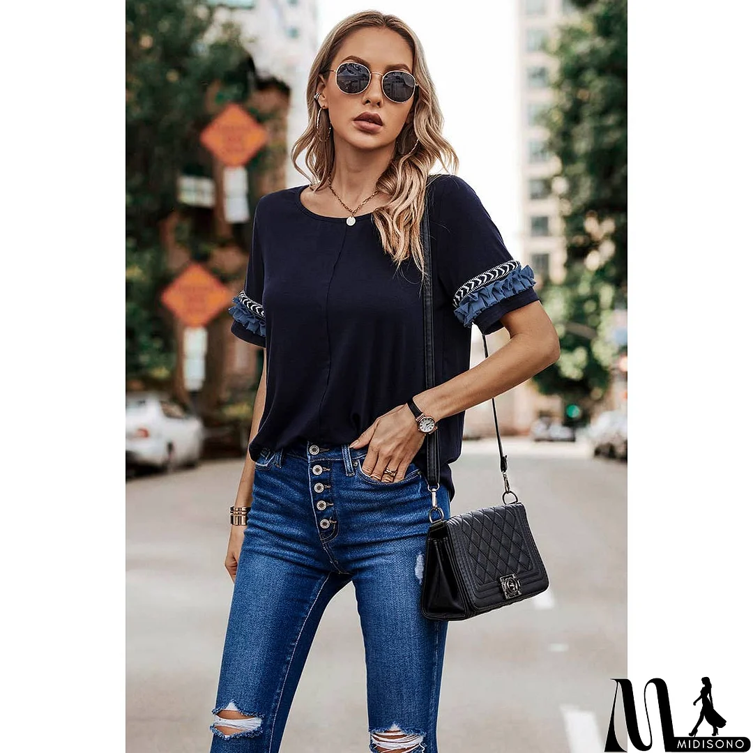 MidiSono - Solid Round Neck Loose Fit Frill Trim Tee