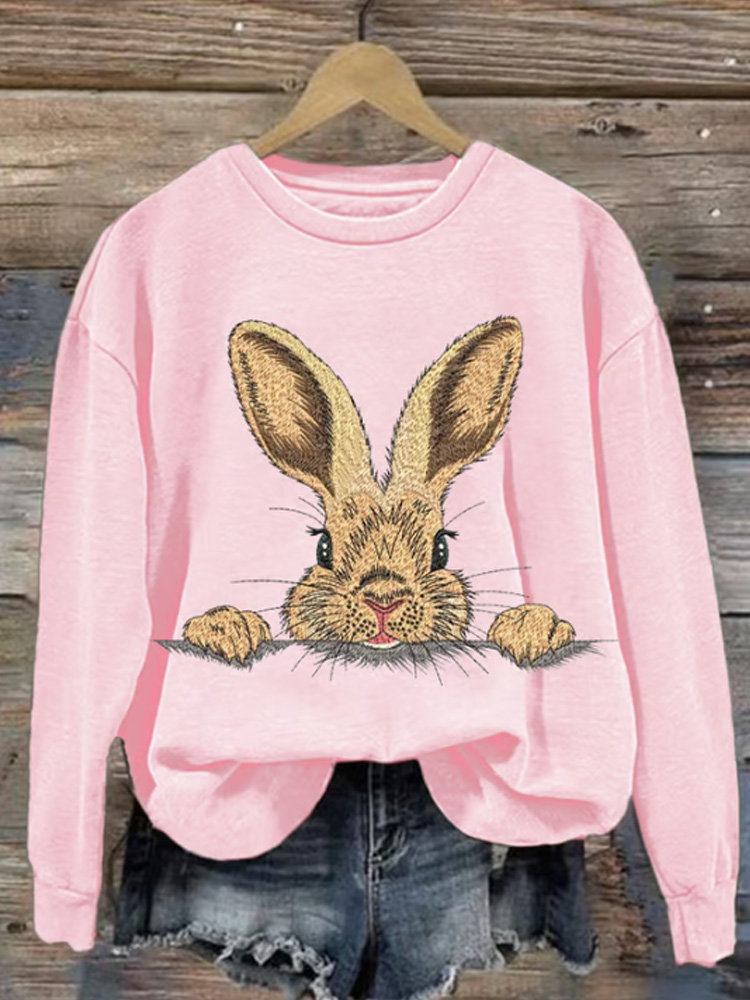 Comstylish Women's Easter Cute Bunny Embroidery Pattern Print Crew Neck Sweatshirt