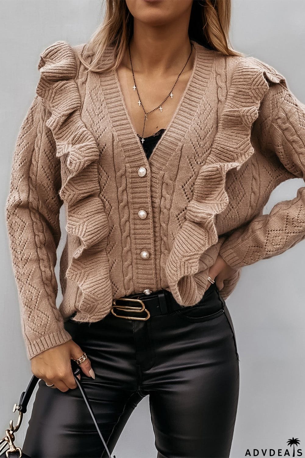 Ruffled Buttoned Open Front Knitted Sweater