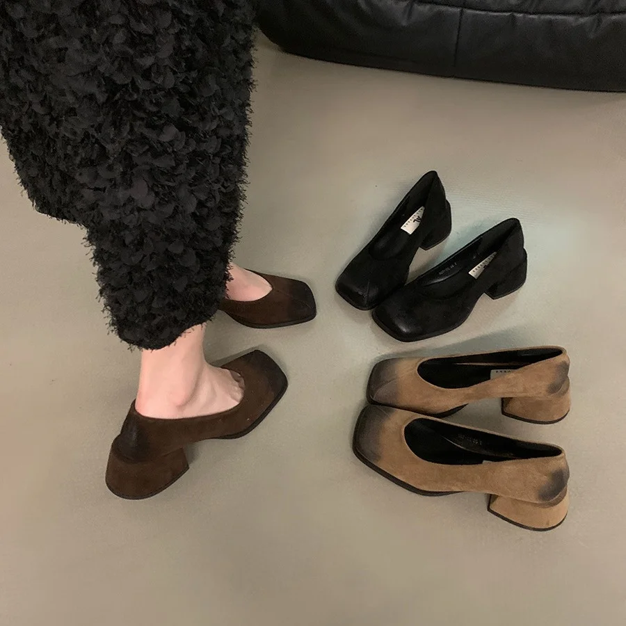 Wongn Thick Heel Black Square Head Temperament Single Women's Shoes 2024 New Retro Shallow Mouth Evening Style High Heels