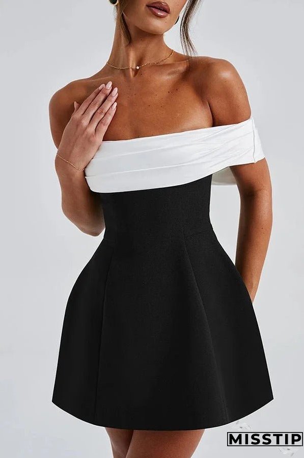 Sexy Contrast Off-the-shoulder Bow-embellished Mini Dress