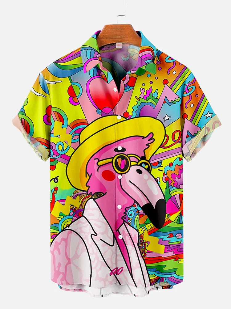 Psychedelic Colorful Vacation Rock Flamingo Printing Hawaiian Short Sleeve Shirt