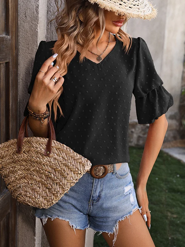 Puff Sleeves Wrap Jacquard Solid Color V-Neck T-Shirts Tops