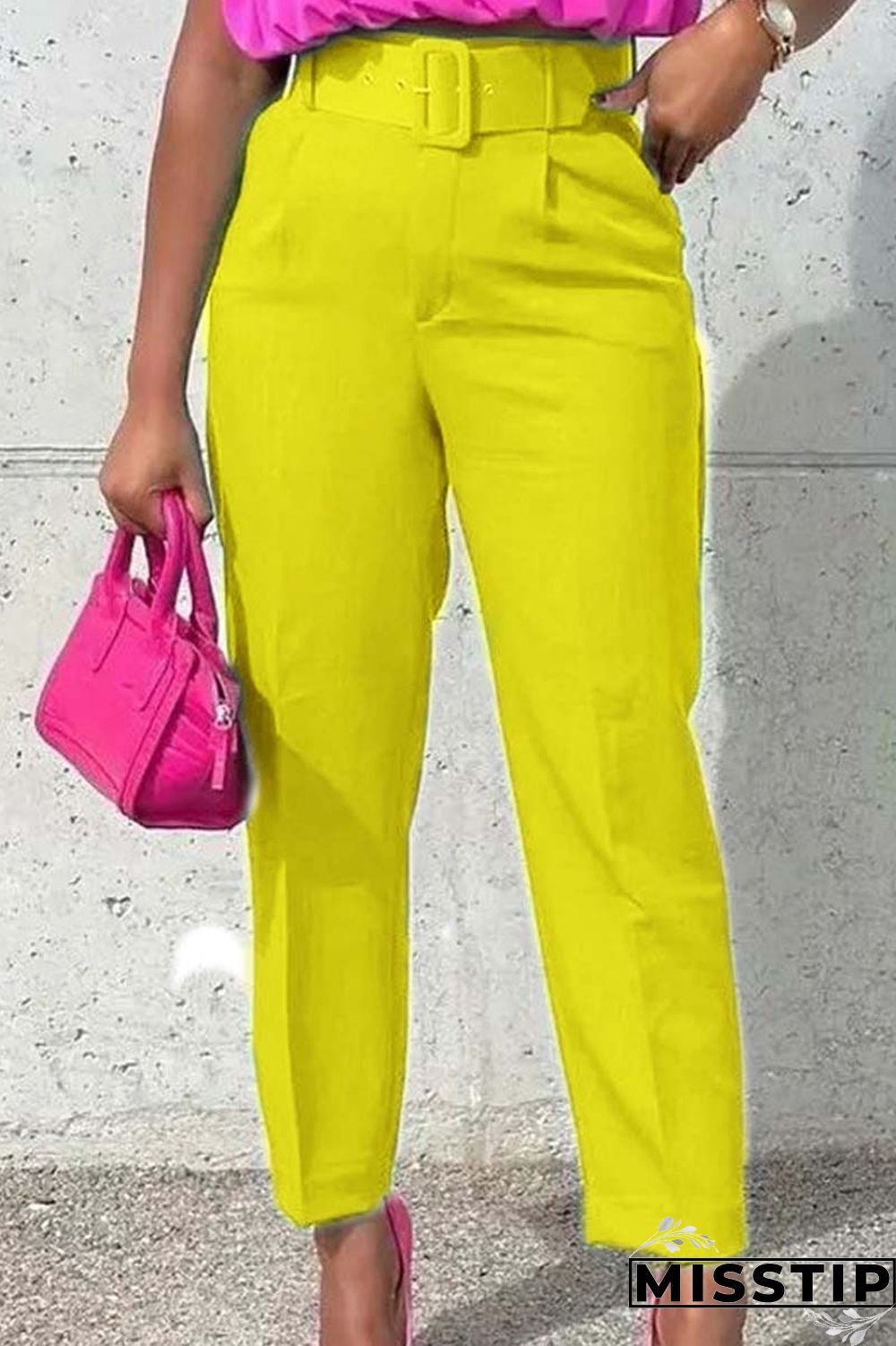 Pink Casual Solid Patchwork With Belt Regular High Waist Conventional Solid Color Trousers