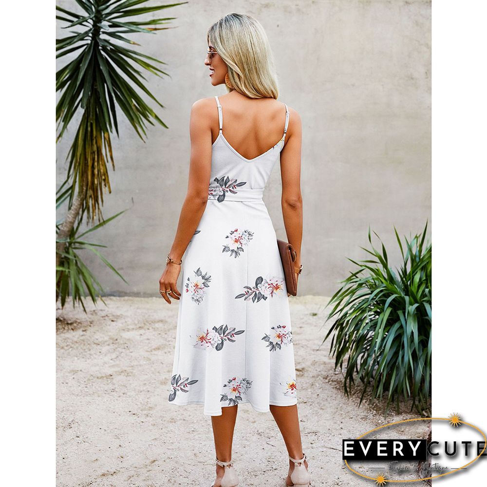 White Floral Print Spaghetti Straps Tie Waist Midi Dress