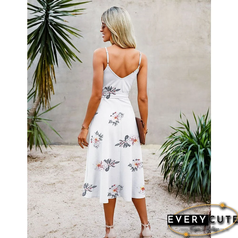 White Floral Print Spaghetti Straps Tie Waist Midi Dress