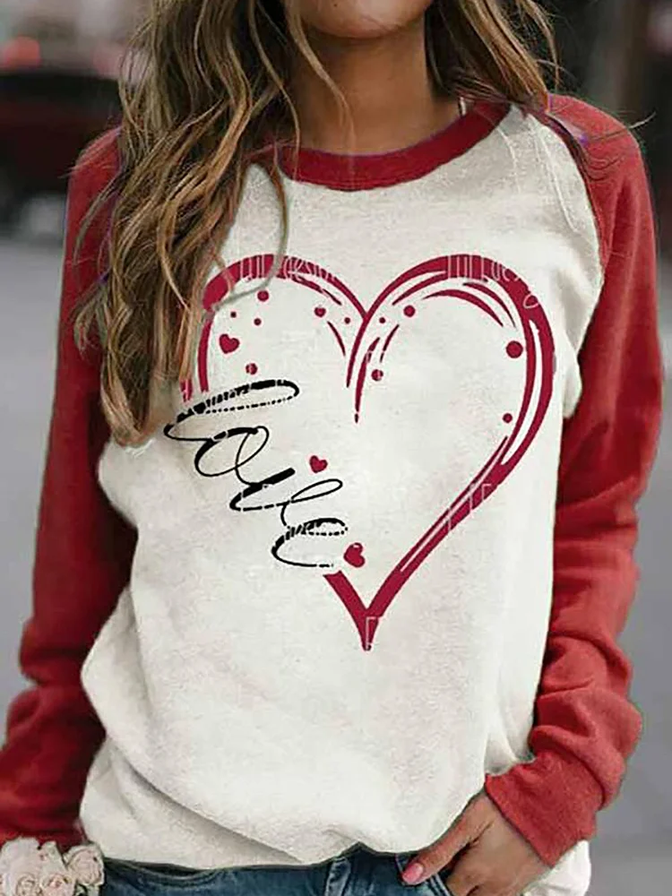 Classic Love Letter Heart Shaped Print Raglan Sleeves Color Block T-Shirt