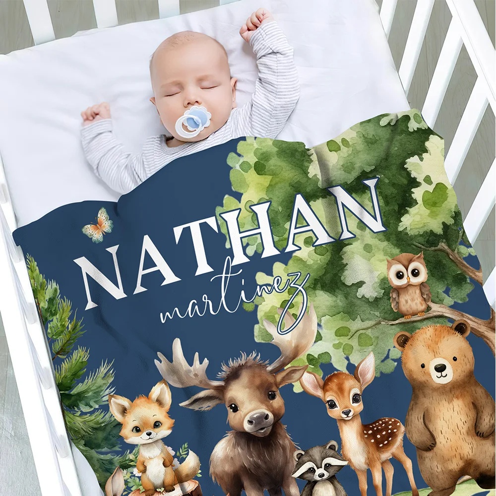 Personalized Cute Forest Animals Fox Rabbit Soft Throw Blanket with Name Nursery Room Decor Baby Shower Birthday Gift for Boys Girls