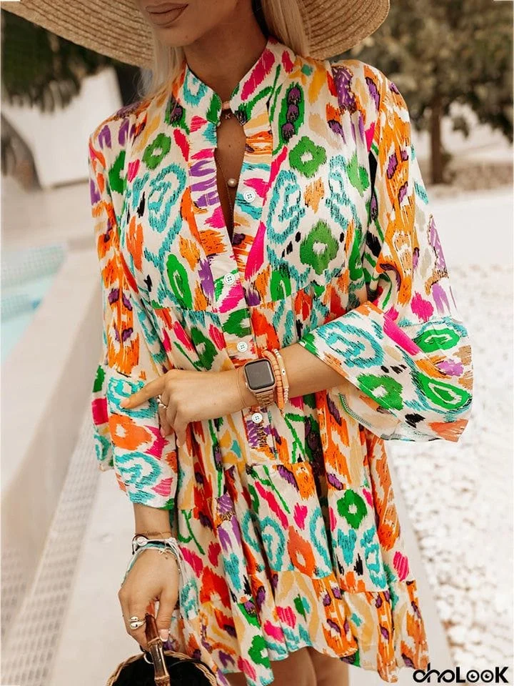 Printed Buttoned Long Sleeve Dress