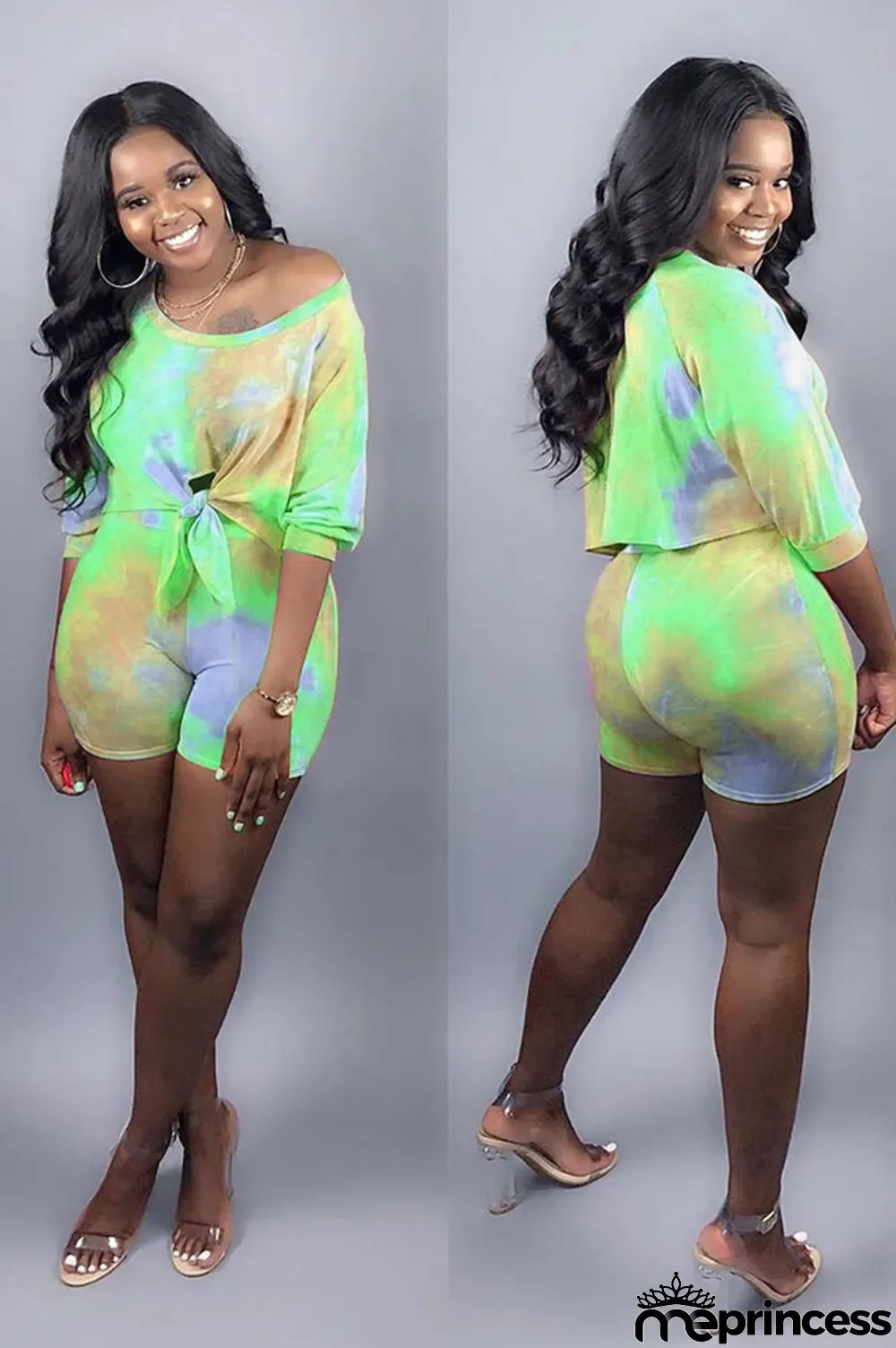 purple Polyester Casual Fashion Two Piece Suits asymmetrical Tie Dye crop top Regular