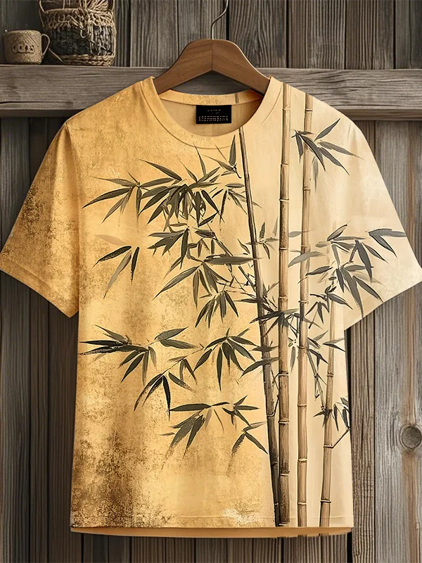 Men's Vintage Art Bamboo Painting Print Casual T-Shirt