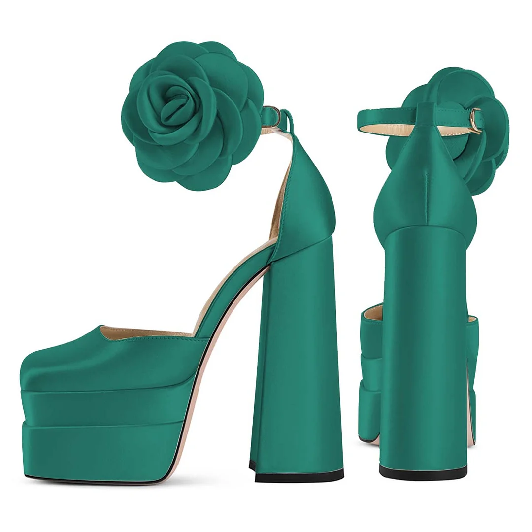 Dark Green Satin Floral Ankle Strap Platform Square Toe 6-Inch Heels