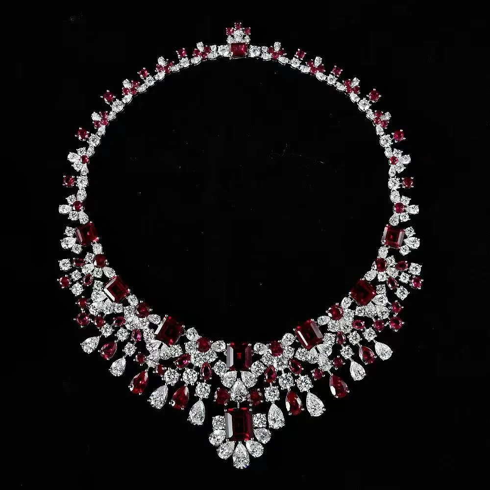 Luxury 925 Sterling Silver Created Moissanite Ruby Emerald Gemstone Women Cocktail Pendent Necklace Fine Jewelry Gifts