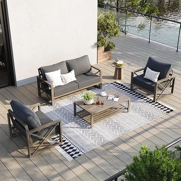 Faux Wood Grain Aluminum Patio Furniture Set 5 Pieces Modern Outdoor Furniture Patio Conversation Sets with Olefin Fabric Thick Cushions and Coffee Table, Include 600D Waterproof Cover 5 Piece & 7 Seat w/3-seat sofa Beige