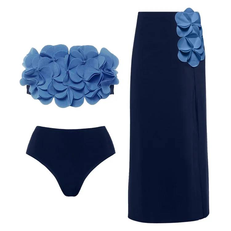 Bandeau 3D Flower  Bikini Swimsuit and Skirt