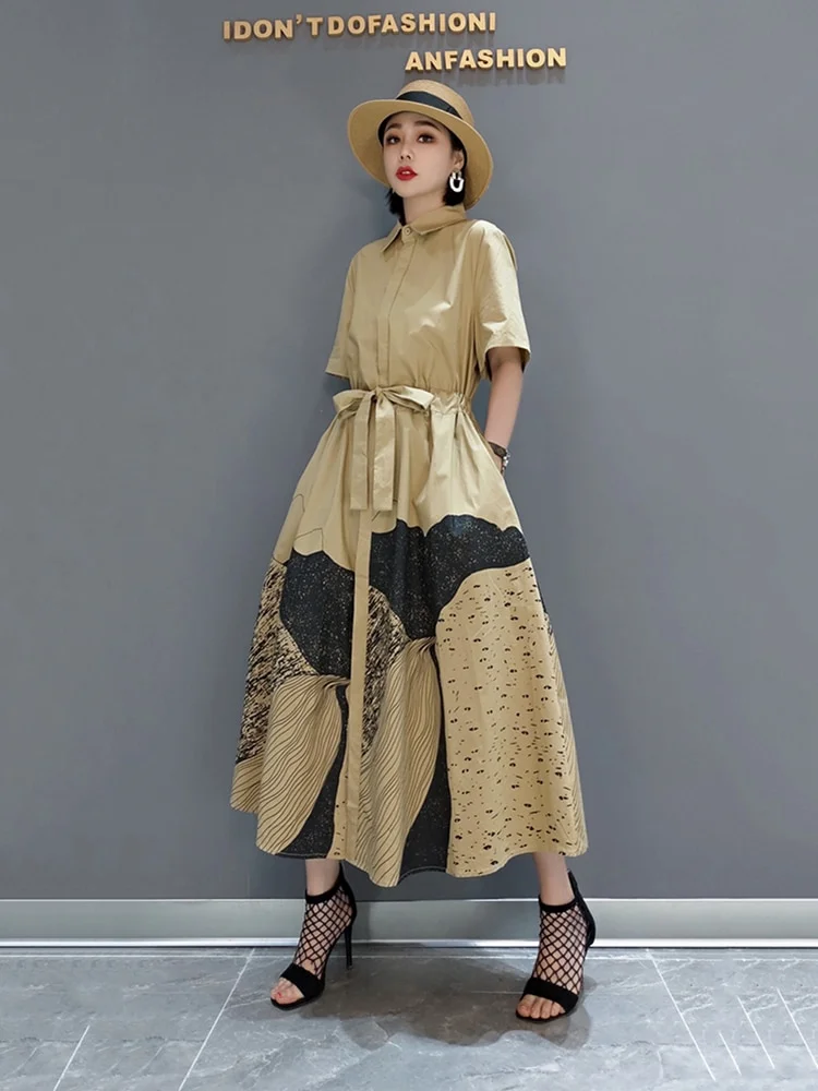   Fashion Loose Lapel Print Pattern Lace-up Pocket Shirt Dress Summer 