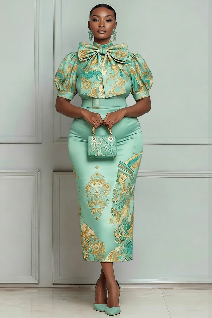 Xpluswear Design Plus Size Mother Of The Bride Sage Green Floral Mock Neck Short Sleeve Bow Tie Bodycon Satin Two Piece Skirt Sets 2024 - Xpluswear