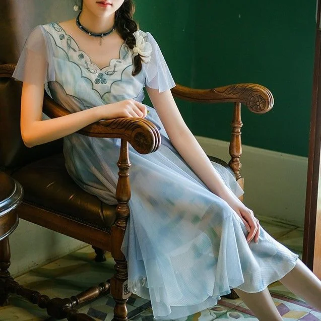Cottagcore Short-Sleeve Chiffon Mesh A-Line Dress YP2363