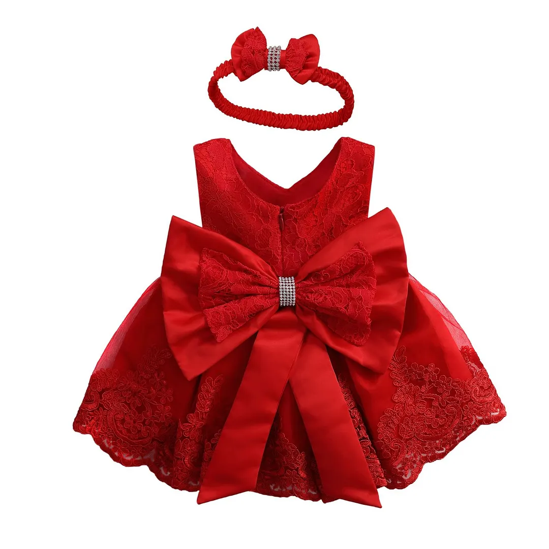 Baby Summer Clothing New Baby Princess Girls Dress Christening Lace Wedding Party Kids Formal Clothes+ Headband 0-24M